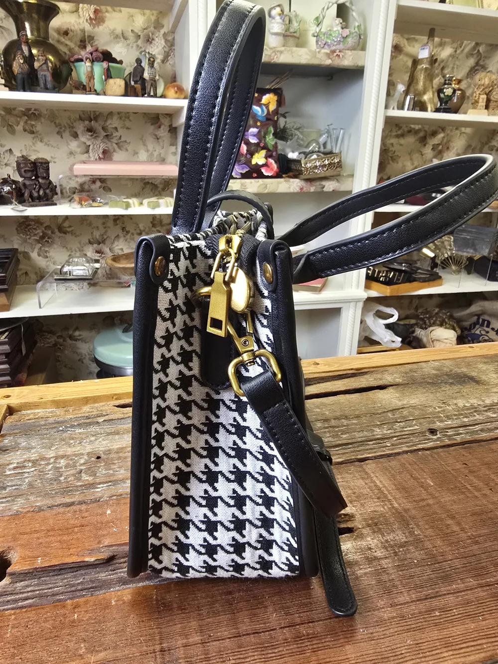 Black & White Houndstooth Top-Handle Bag with Gold Accent